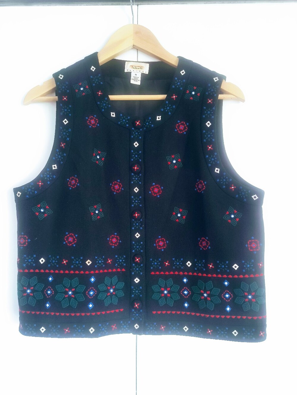 Vintage Talbot's Wool Blend Embroidered Christmas Holiday Black Vest Petite M